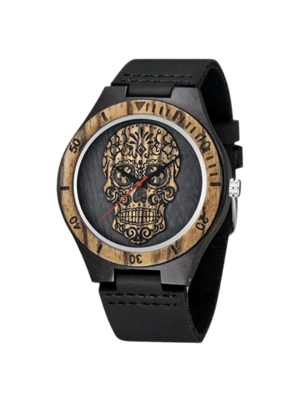 Bamboo Wristwatch Wooden Black Skull Design Quartz Face Analog Watch Men's Gift